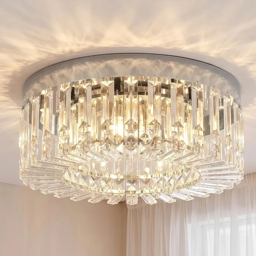 Luxury Modern Round Crystal & Stainless Chandelier Flush Mount Ceiling Light XH