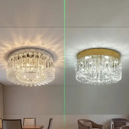 Luxury Modern Round Crystal & Stainless Chandelier Flush Mount Ceiling Light XH