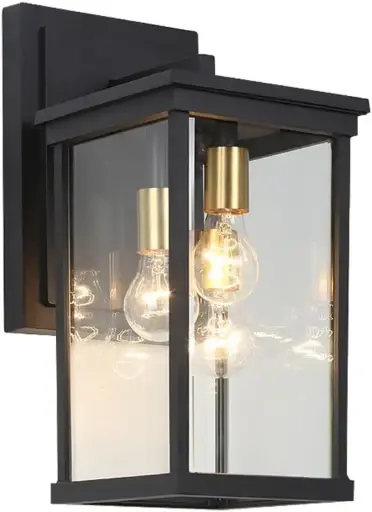 Modern Outdoor Wall Lantern Matte Black Metal frame Clear Glass Panels & Exposed Brass Sockets HS7811-DN-M