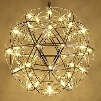 Modern sparkling sphere firework LED pendant chandelier featuring an intricate chrome stainless steel frame dotted with warm white micro-lights